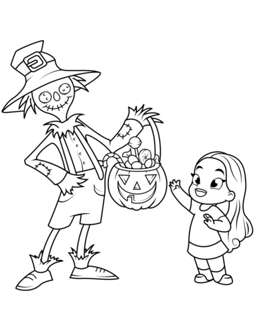 Scarecrow Treats A Little Girl With Sweets Coloring Page